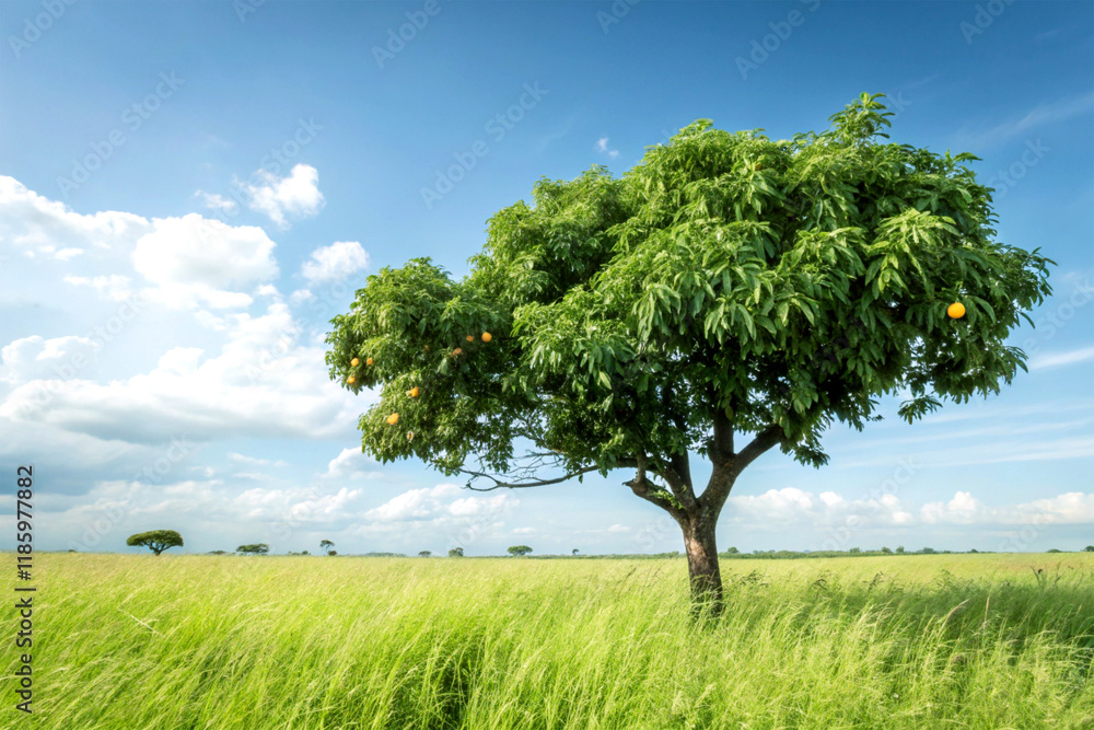 Fototapeta premium A lone mango tree in a field under a blue sky