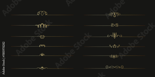 Luxury Golden text dividers set. Vintage gold separator thin lines for text or chapter division. Divider ornament, borders, vintage line separators with elegant swirls for wedding card, diploma, certi