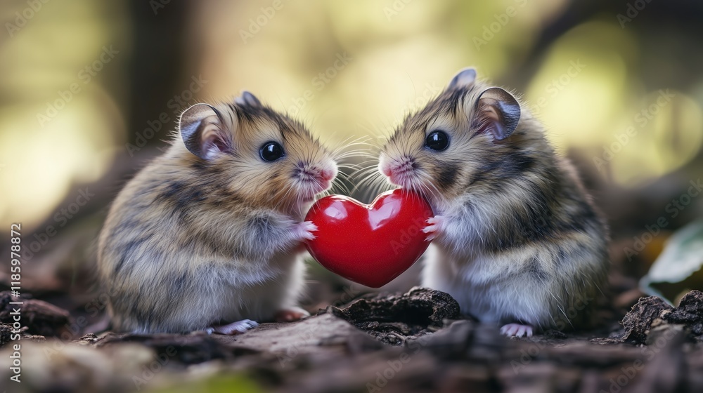 Cute hamsters sharing a heart-shaped toy in a natural setting during daytime, Valentine's Day Cute hamsters sharing a heart-shaped toy in a natural setting during daytime, Valentine's Day