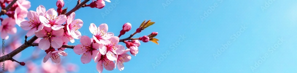 Fototapeta premium Blooming willow branch against a clear blue sky in spring, sky, flowers