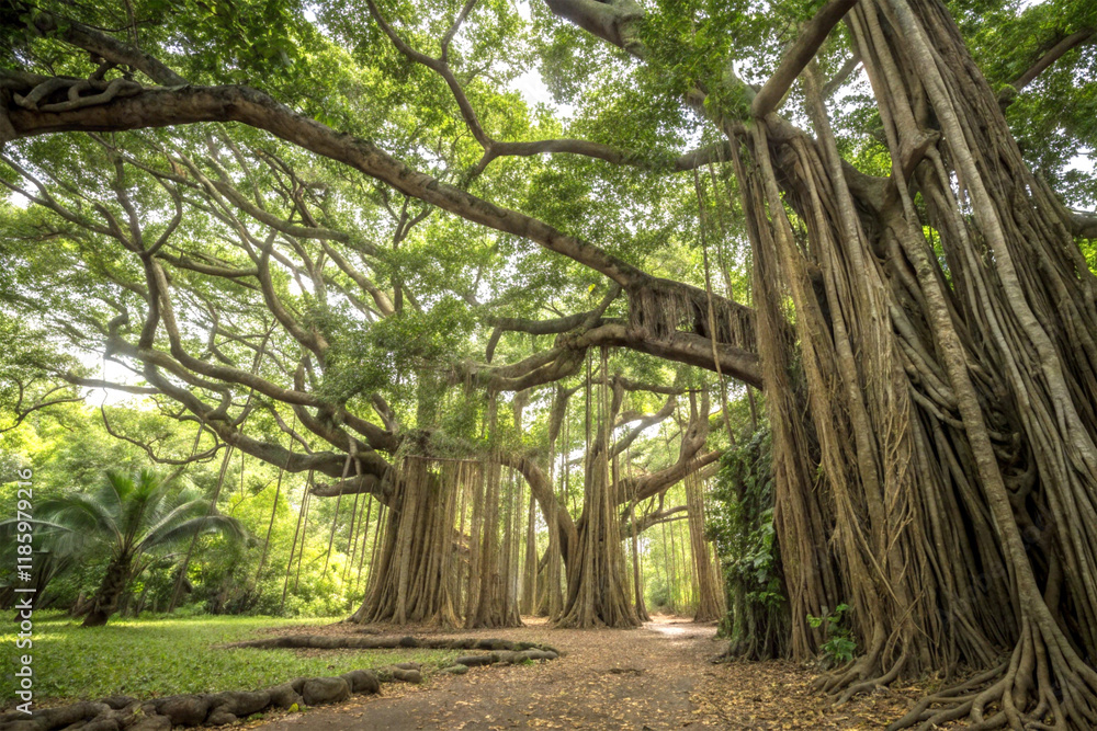 Naklejka premium A dense canopy of banyan tree roots hanging down