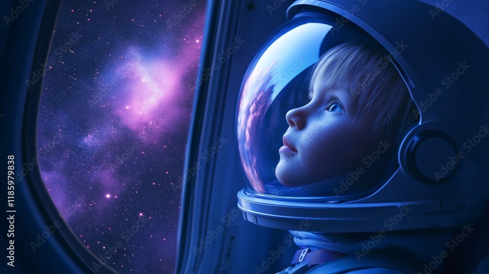 Curiosity and wonder captured in the gaze of a child in a space helmet, gazing at the vastness of the cosmos while floating in a spaceship Curiosity and wonder captured in the gaze of a child in a space helmet, gazing at the vastness of the cosmos while floating in a spaceship