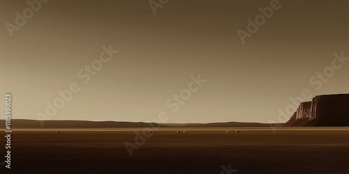 Expansive arid desert landscape with rolling tumbleweeds and distant rocky cliffs under a clear sky