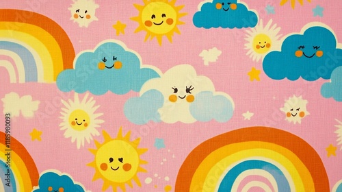 Cheerful Rainbow Sky: A whimsical illustration featuring smiling suns, clouds, and rainbows on a pink background. Perfect for kids' rooms or playful designs.