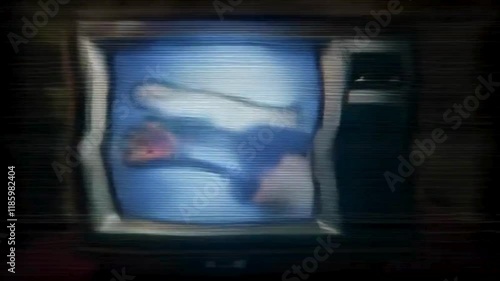 A vintage television set displaying static and distorted imagery on its screen, evoking a sense of nostalgia and obsolete technology. Glitch effect. TV.