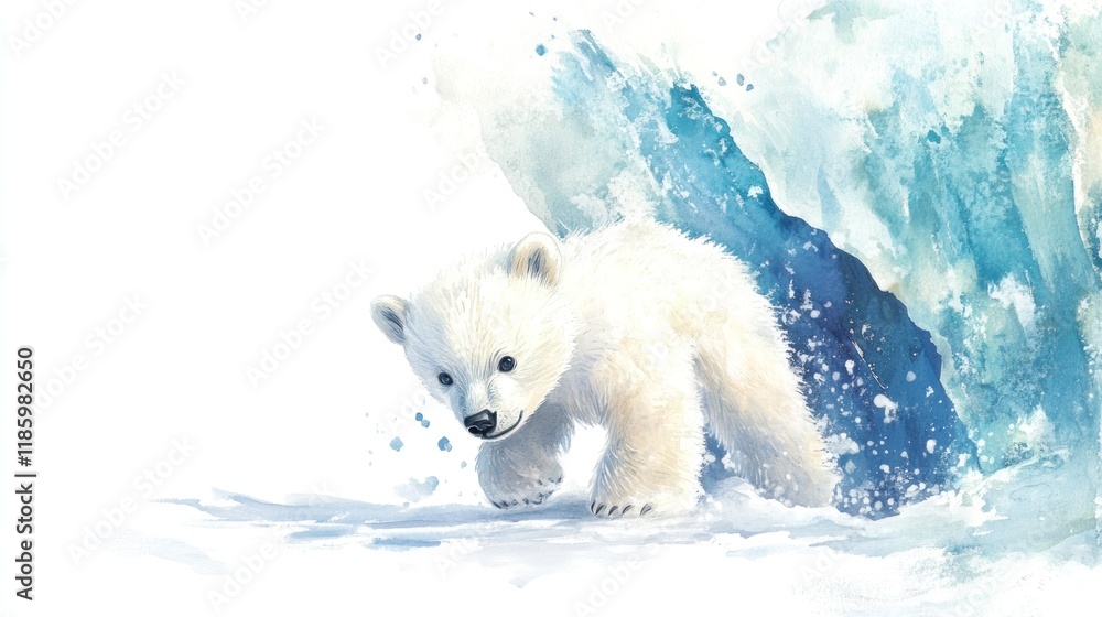A playful polar bear cub emerging from a snowy landscape, surrounded by icy textures. A playful polar bear cub emerging from a snowy landscape, surrounded by icy textures.