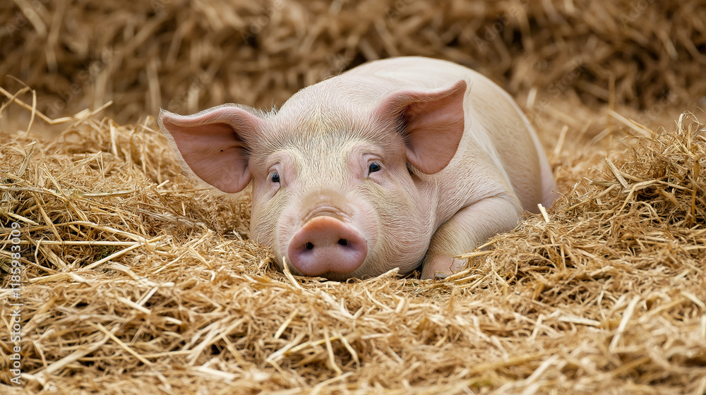 Cute piglet lying on straw in a barn, symbolizing rural life, farming, and simplicity. Cute piglet lying on straw in a barn, symbolizing rural life, farming, and simplicity.