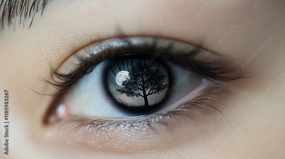 Close-up of eye reflecting moonlit tree. Close-up of eye reflecting moonlit tree.