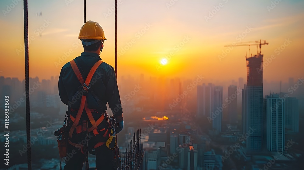 Construction Worker Operating Crane on High Rise Structure at Sunset Construction Worker Operating Crane on High Rise Structure at Sunset
