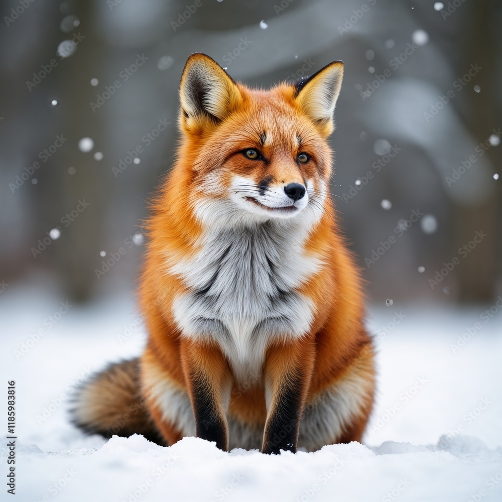 Obraz premium Fox sitting in snow during snowfall