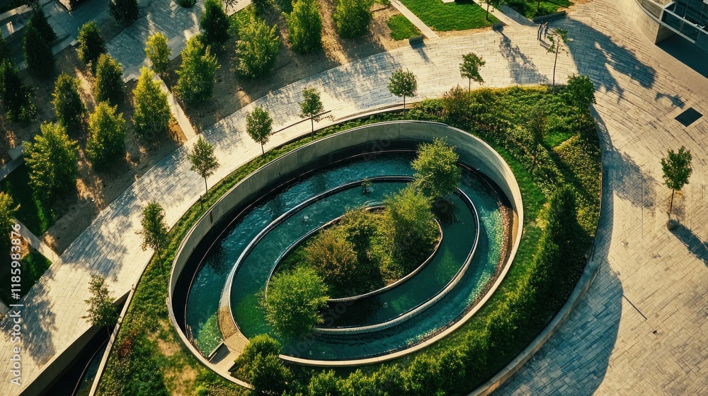 Aerial view of a spiral water feature in a park with surrounding trees and walkways. Aerial view of a spiral water feature in a park with surrounding trees and walkways.