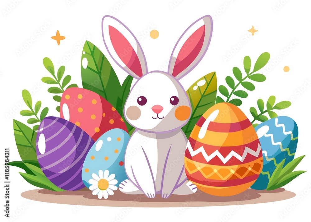 A rabbit is sitting in front of a bunch of Easter eggs