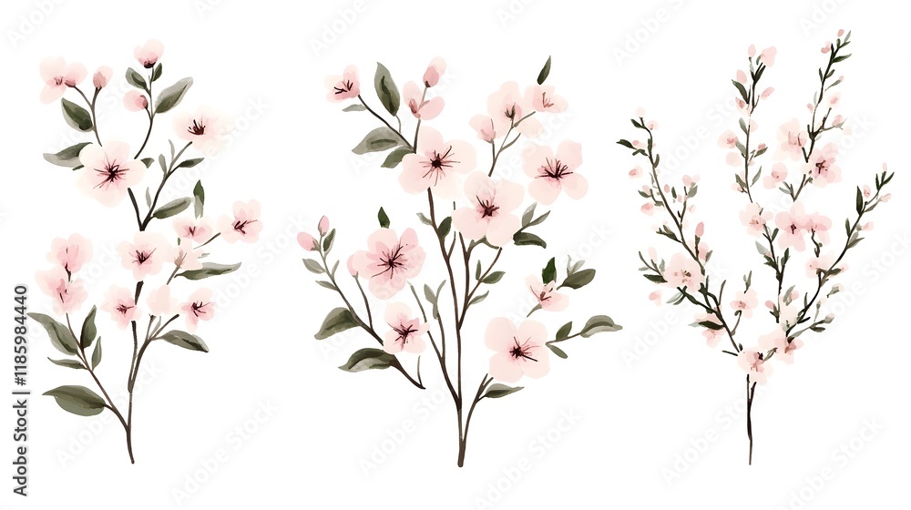 Fototapeta premium Soft Pastel Spring Blossoms and Bold Tropical Leaves on Clean White Aesthetic