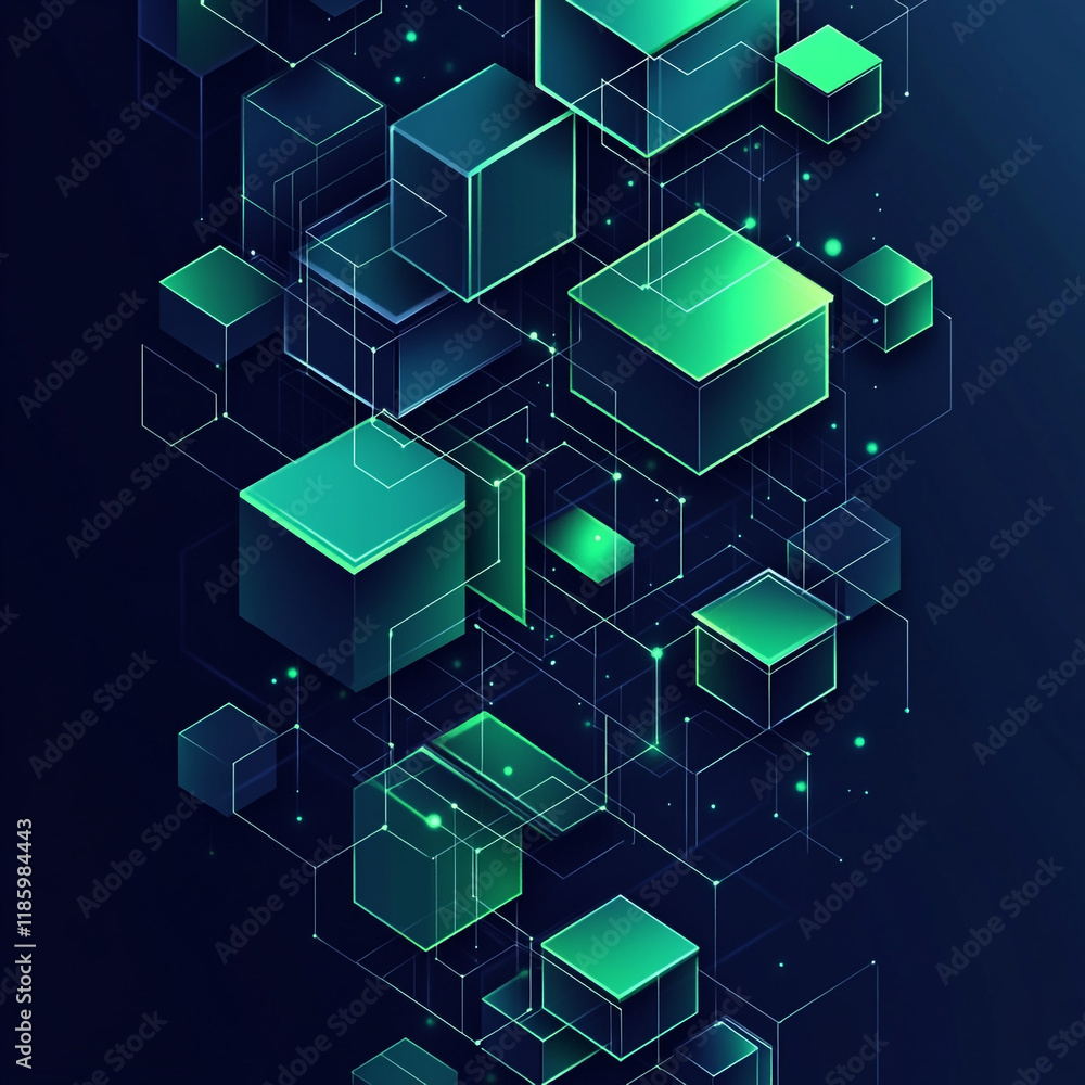 Modern digital abstract design featuring three-dimensional blocks in shades of green Modern digital abstract design featuring three-dimensional blocks in shades of green