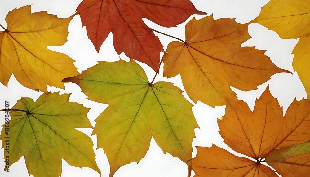 Green and yellow leaves set on a white backdrop for use in background or interior design ideal for a copy space image,1234 Green and yellow leaves set on a white backdrop for use in background or interior design ideal for a copy space image,1234