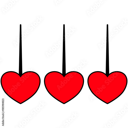 hearts hanging, isolated on white background, for valentines day decorations 