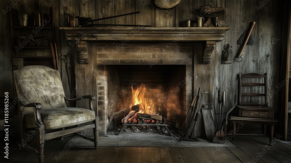 A Fireplace With a Chair in Front of It in a Room - Generative AI A Fireplace With a Chair in Front of It in a Room - Generative AI