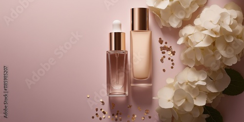 Elegant face serum and nail polish beside pastel hydrangeas on a muted lilac background with rose gold confetti