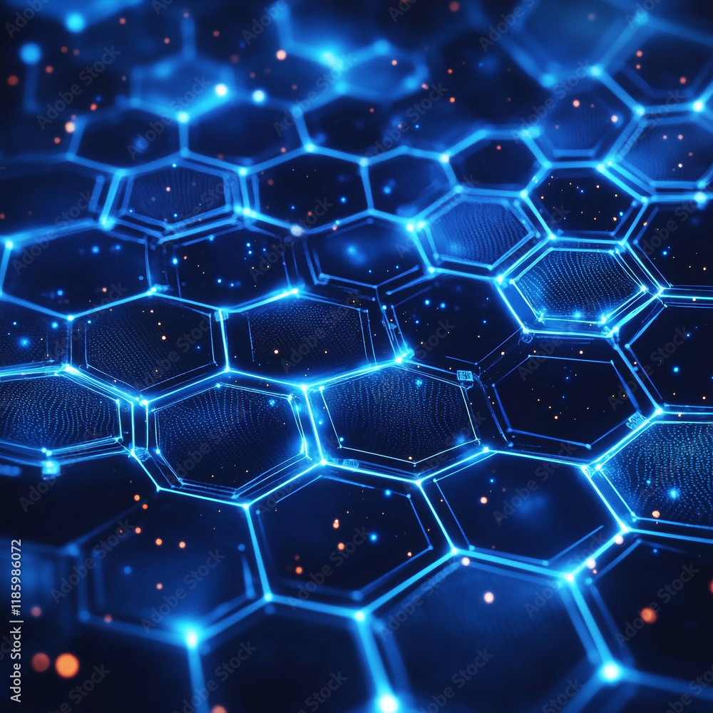 Hexagonal patterns illuminated by blue light create a futuristic digital landscape Hexagonal patterns illuminated by blue light create a futuristic digital landscape