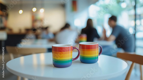 Two rainbow mugs on a white table in a cozy cafe, symbolizing LGBTQ+ pride and inclusivity in a modern social setting.