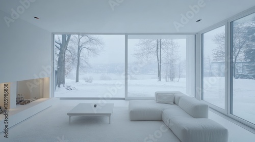 Minimalist living room, snowy winter view, modern home interior design photo