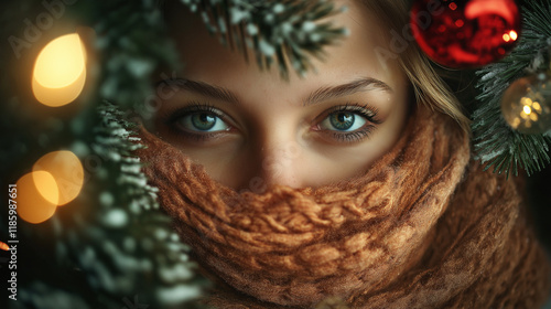 Portrait of a young woman with green eyes in a cozy scarf, surrounded by decorated Christmas tree branches and festive lights.