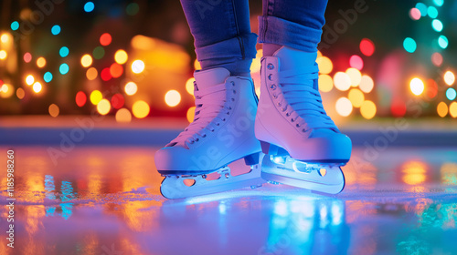 White ice skates on a lit skating rink, night skating, bright neon lights, modern atmosphere, winter leisure, active lifestyle, vibrant emotions, and stylish urban background.