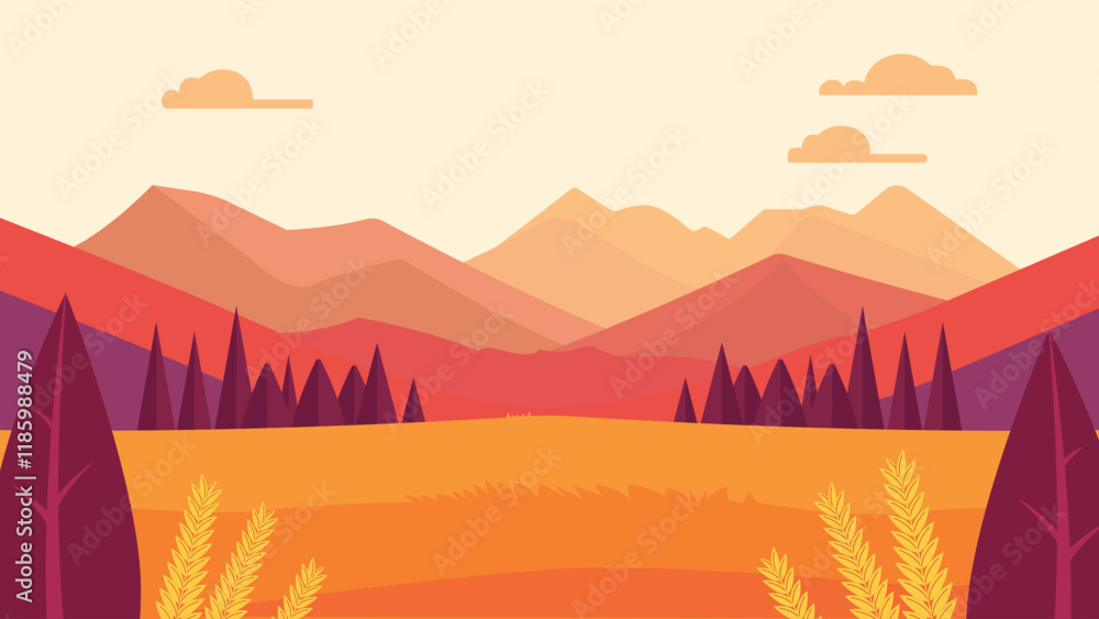Fototapeta premium Wheat Field Nature Landscape with Mountains Hills View in the Morning