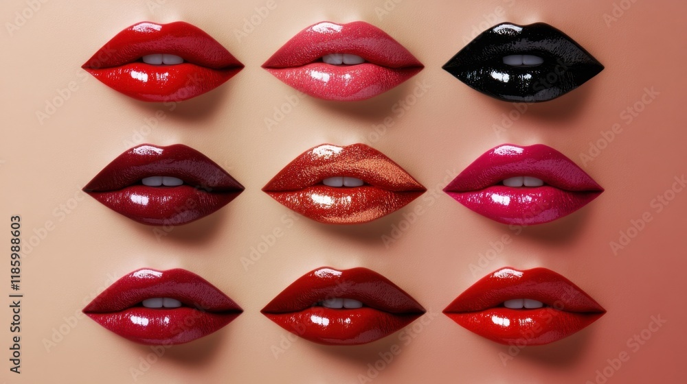 Diverse collection of lips adorned with vibrant lipstick shades, emphasizing beauty inclusion and glossy finishes. Diverse collection of lips adorned with vibrant lipstick shades, emphasizing beauty inclusion and glossy finishes.