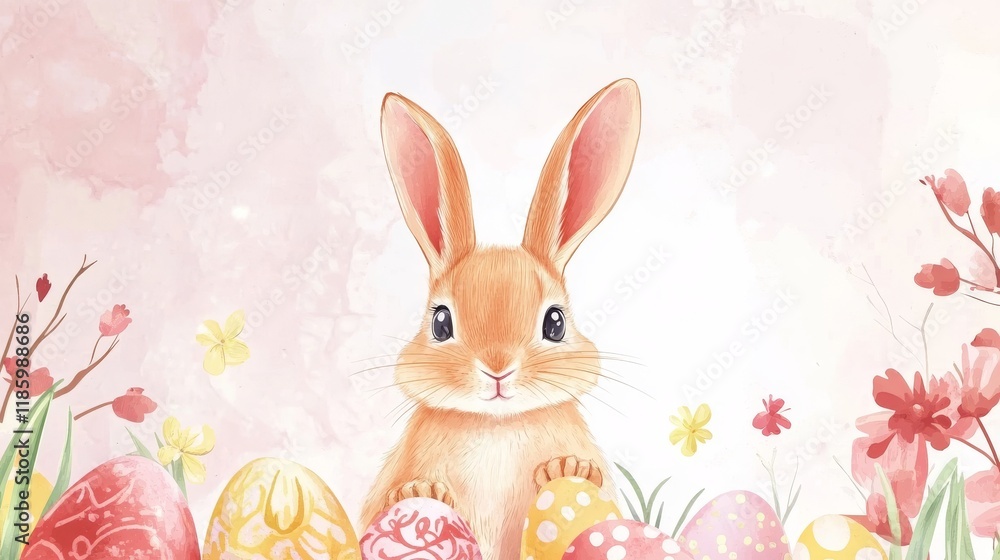 A fluffy bunny sits amid intricately designed Easter eggs, bright colors radiating in a serene pastel backdrop, embodying the joy and renewal of spring festivities. A fluffy bunny sits amid intricately designed Easter eggs, bright colors radiating in a serene pastel backdrop, embodying the joy and renewal of spring festivities.