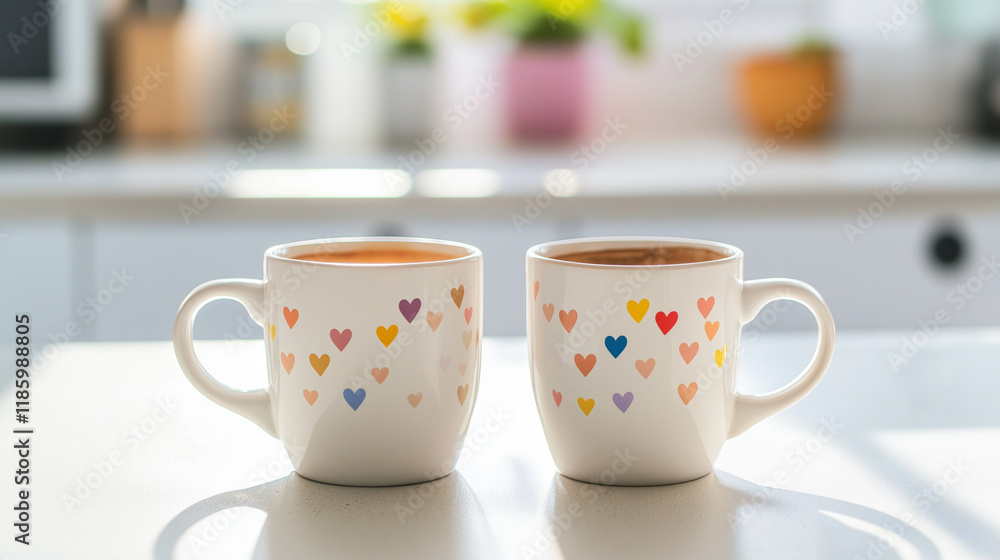 Two mugs with colorful hearts on a kitchen table, warm morning, cozy home, symbol of love and harmony. Two mugs with colorful hearts on a kitchen table, warm morning, cozy home, symbol of love and harmony.