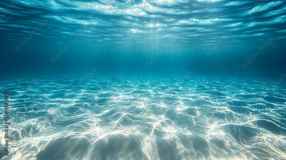 Underwater background with a deep blue sea. beautiful light rays on a sandy floor Underwater background with a deep blue sea. beautiful light rays on a sandy floor