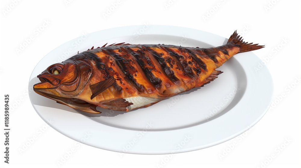 A whole grilled fish, seasoned and ready to eat, isolated on a white plate. A whole grilled fish, seasoned and ready to eat, isolated on a white plate.