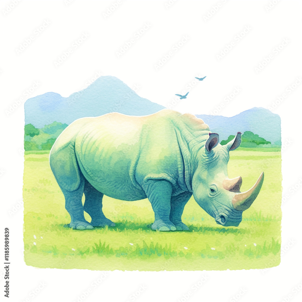 Fototapeta premium Watercolor drawing of rhinoceros. Ecology and wildlife concept. For design, print, textile, wallpaper. Top view, with copy space.