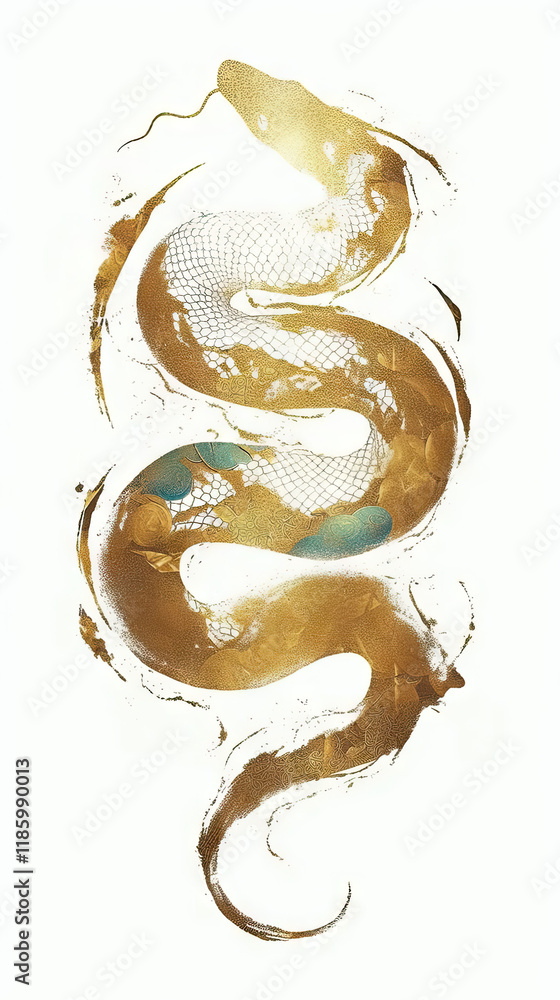 Fototapeta premium Dragon orSnake illustration design, minimalist, graphic design, clear scales, writhing body, gold foil paper brush marks
