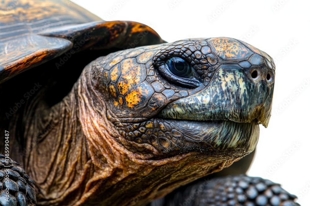 Fototapeta premium A close-up of a turtle showcases its textured shell and detailed facial features, highlighting its unique patterns and colors.