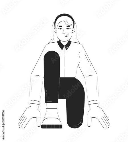 Caucasian woman in sprinter starting position doodle linear character. Young female entrepreneur ready for success 2D vector outline person isolated. Hand drawn drawing illustration monochrome