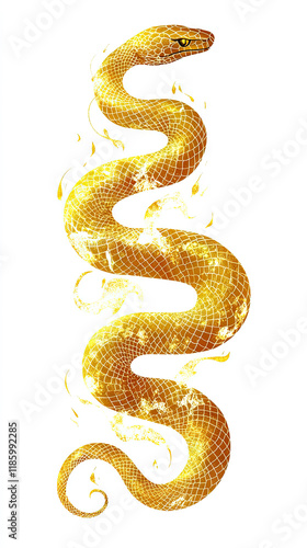 Dragon orSnake illustration design, minimalist, graphic design, clear scales, writhing body, gold foil paper brush marks