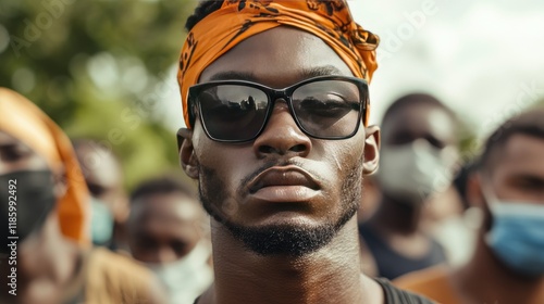 Protester in sunglasses with an orange bandana at rally. Generative AI