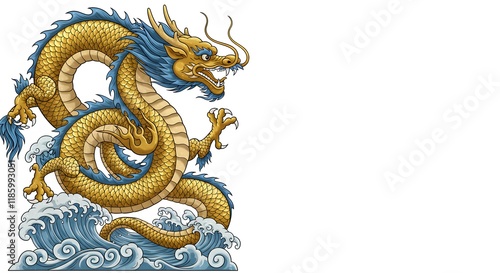Wallpaper Mural Golden dragon illustration featuring intricate scale details and vibrant blue accents against traditional asian water wave art, symbolizing cultural strength and mythology Torontodigital.ca