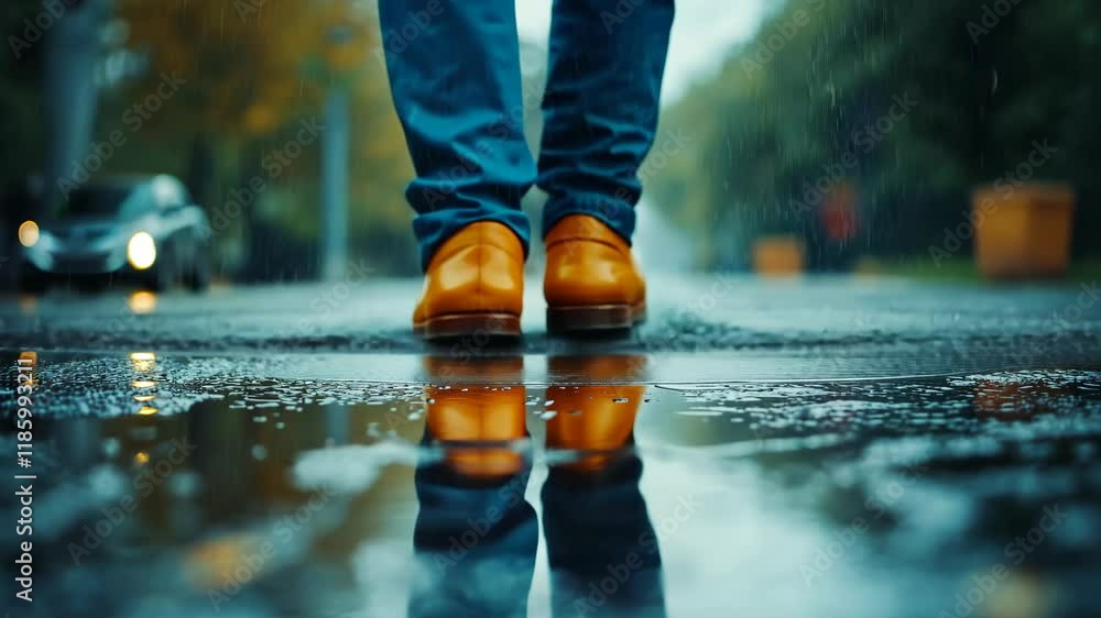 Person Walking in Rainy Street with Reflections on Wet Pavement, Close-Up of Yellow Boots and Denim Jeans Person Walking in Rainy Street with Reflections on Wet Pavement, Close-Up of Yellow Boots and Denim Jeans