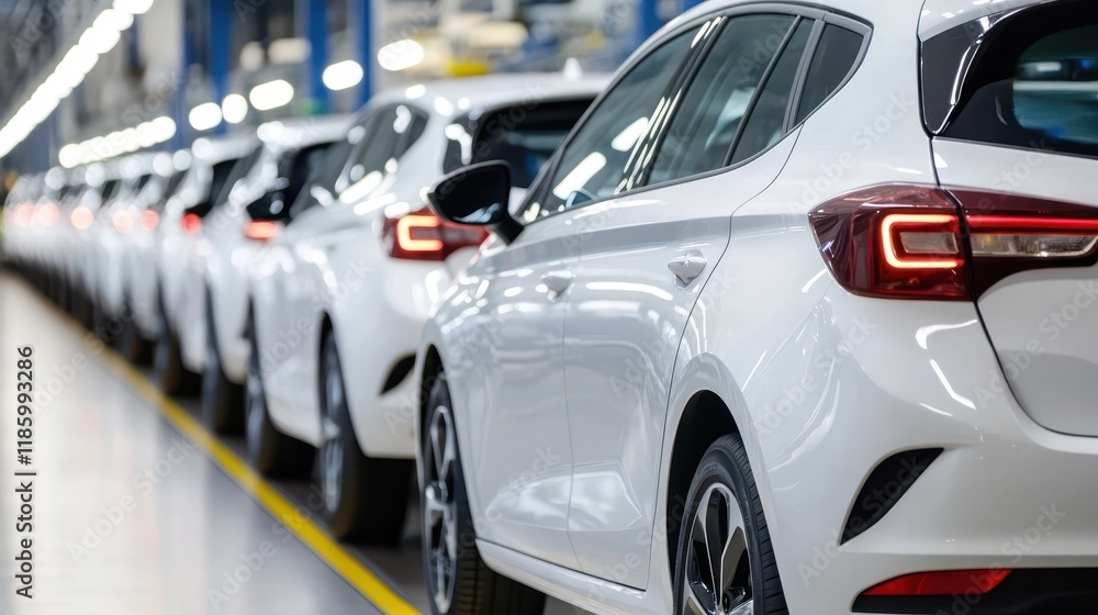 Line of new white cars on an assembly line in a brightly lit factory, showcasing mass production and modern industry. Line of new white cars on an assembly line in a brightly lit factory, showcasing mass production and modern industry.