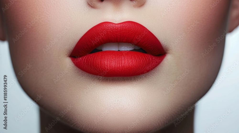 Fototapeta premium Red Lips: A close-up shot of a woman's red lips, showcasing a bold and vibrant hue that exudes confidence and allure. The smooth, matte finish adds a touch of elegance and sophistication. 