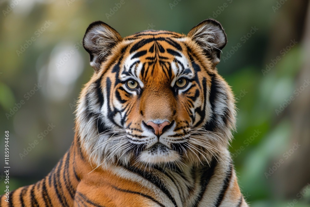 Fototapeta premium A majestic tiger stares intensely at the camera, showcasing its striking orange and black stripes against a blurred natural background.
