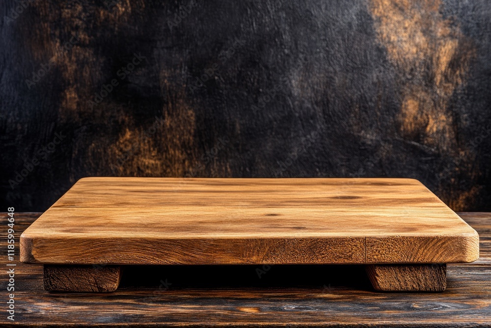 Rustic wooden board on table, dark background, food display Rustic wooden board on table, dark background, food display