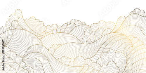 Vector gold white asian pattern, wave line sea, japanese style abstract water illustration. Luxury oriental poster, river banner