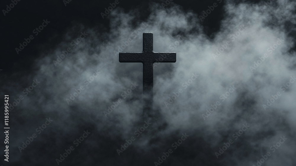 Stone cross on dark foggy background. Religious concept. Design for flyer or poster. Top view. Copy space. Stone cross on dark foggy background. Religious concept. Design for flyer or poster. Top view. Copy space.