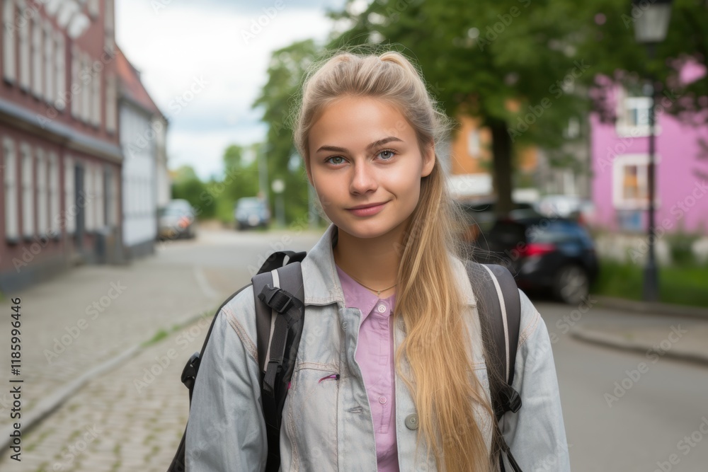 Fototapeta premium A young woman with blonde hair and a backpack is standing on a street
