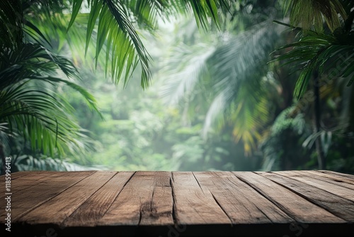 Tropical jungle backdrop, wooden table, product display (2) photo