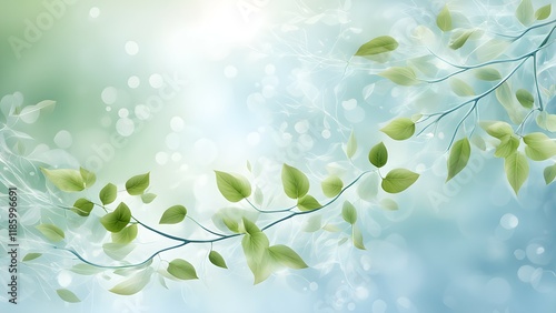 A serene background featuring delicate green leaves against a soft, blurred backdrop.